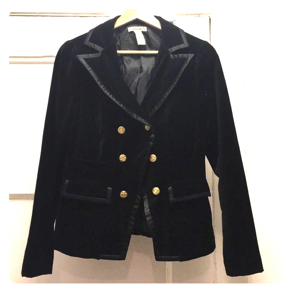 Black velvet blazer with gold buttons